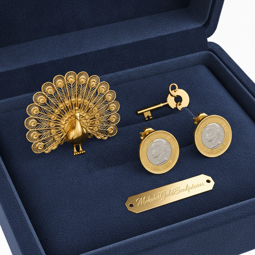 Peacock Stud Earrings in 9K gold, silver, or brass by MokshaGoldSculptures in a navy velvet box with brand nameplate.