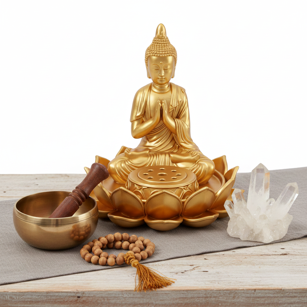Lotus Buddha Incense Holder in metallic finish by MokshaGoldSculptures, displayed with meditation decor.
