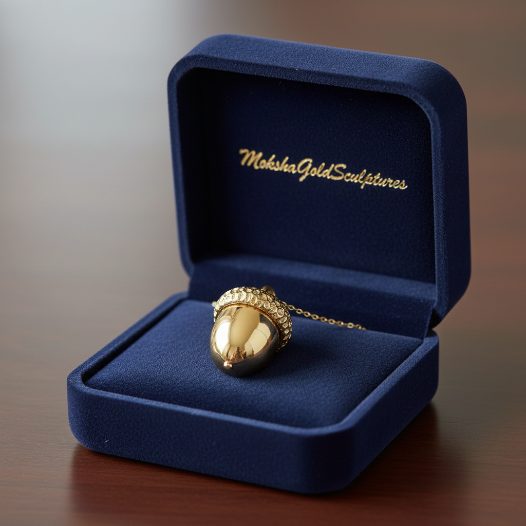 The Gold Acorn Pendant Necklace in 24K gold plated finish by MokshaGoldSculptures displayed in blue velvet box.