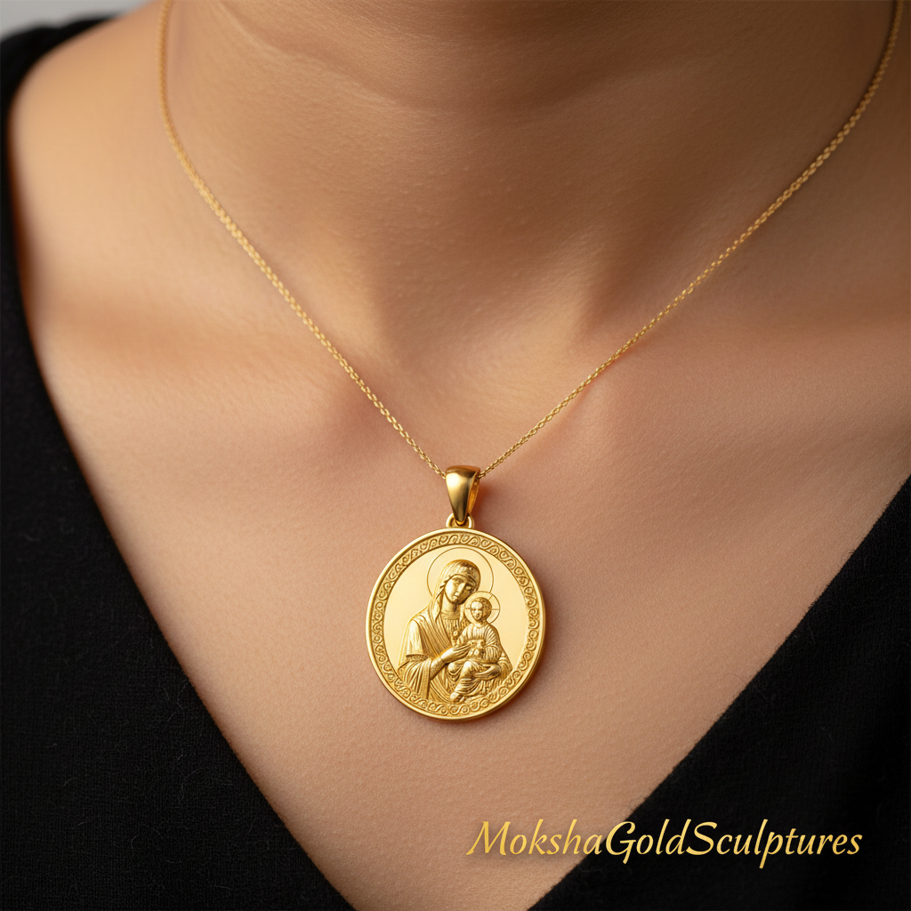 Mary with Baby Jesus Pendant Necklace – Ancient Religious Scene Jewelry – Catholic Christian Devotional Gift
