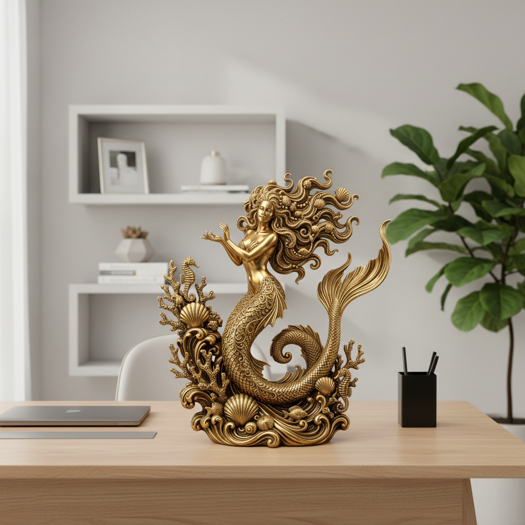 The Golden Mermaid Statue 250mm in polished gold by MokshaGoldSculptures on desk, elegant fantasy jewelry decor.