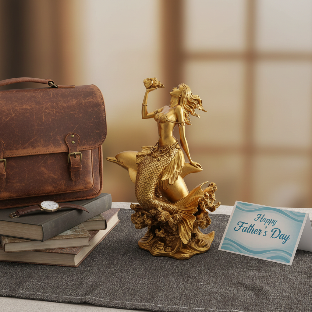 Golden Mermaid with Dolphin & Konch Shell statue in high polish by MokshaGoldSculptures, 3D printed, gold tone.
