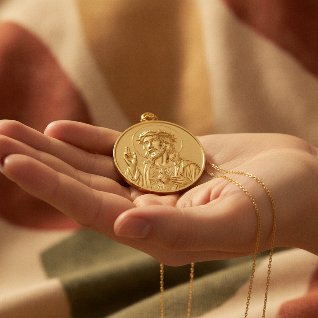 Jesus Sacred Heart Coin Pendant Necklace | 18K Gold Plated, Sterling Silver or Polished Brass | Christian Medallion | Catholic Religious Jewellery | 30mm