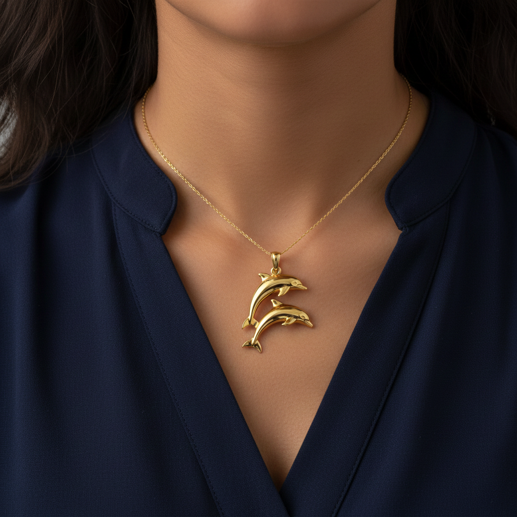 Two Dolphin Pendant Necklace | 18k Gold Plated or 925 Sterling Silver | Ocean Jewellery