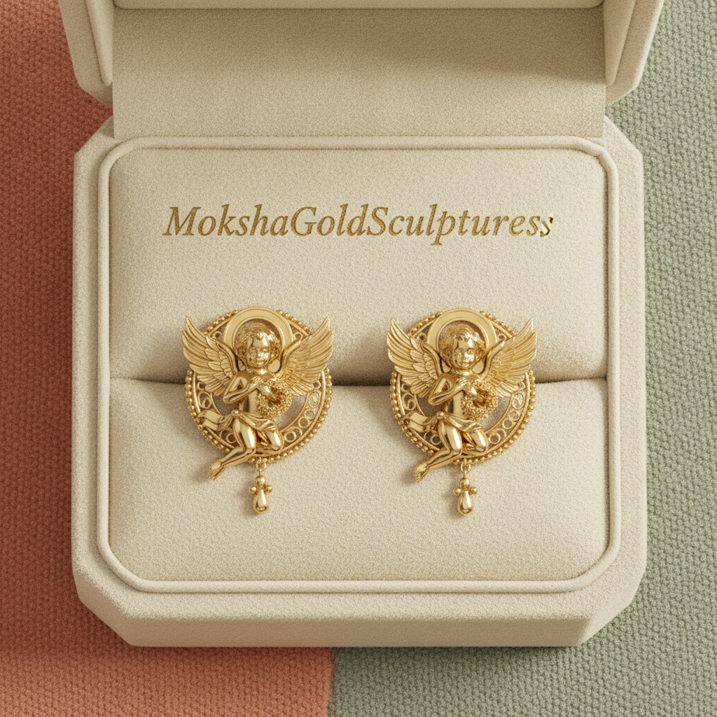 Golden Cherub Angel Stud Earrings | Guardian Angel Jewelry | 9K Gold, Sterling Silver & Yellow Brass | Handmade Religious Gift