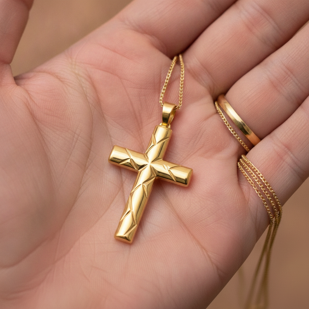 Faceted Cross Pendant Necklace in 9K gold by MokshaGoldSculptures, shown on hand with a simple gold ring.