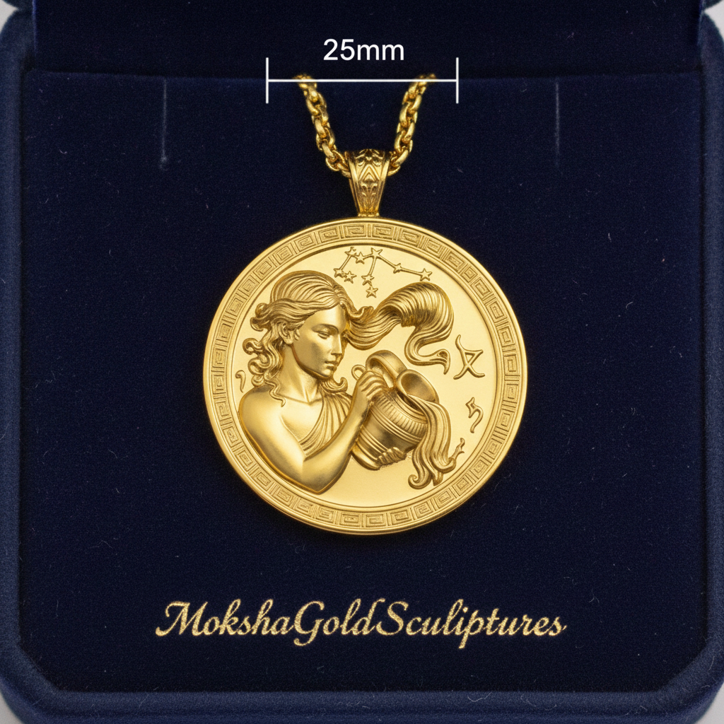 Aquarius Zodiac Medallion Necklace, 25mm Water Bearer Pendant, Greek Astrology Coin Necklace, 9K Gold, Sterling Silver or Yellow Brass, Zodiac Birthday Gift