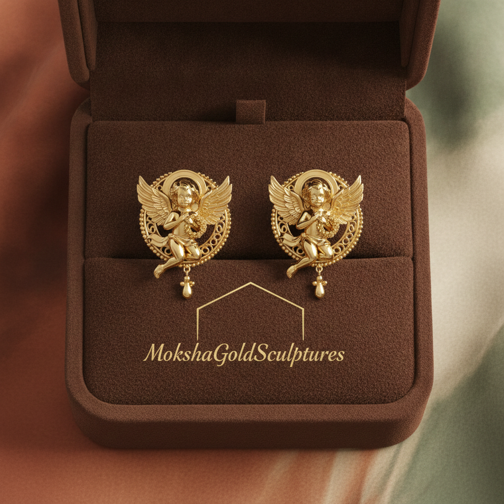 Golden Cherub Angel Stud Earrings | Guardian Angel Jewelry | 9K Gold, Sterling Silver & Yellow Brass | Handmade Religious Gift