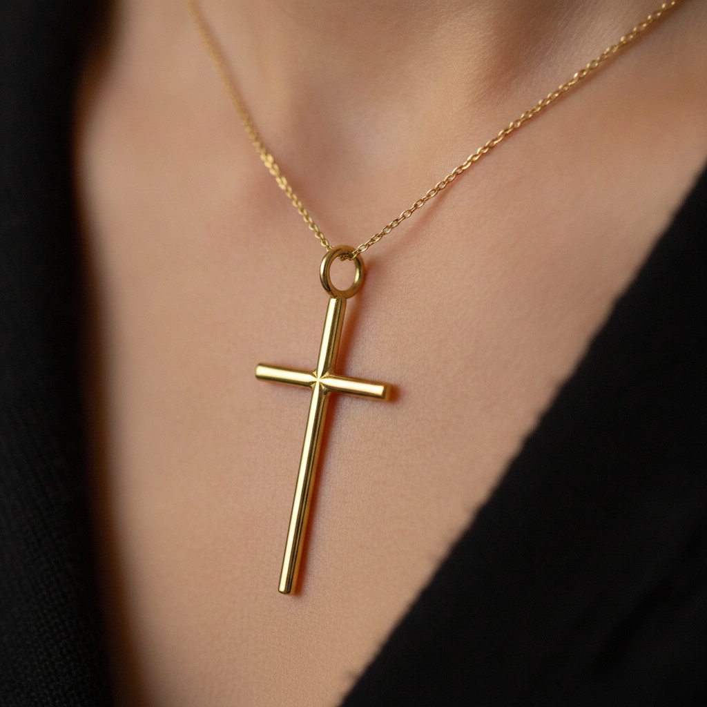 Minimalist Cross Pendant Necklace in 9K gold on delicate chain by MokshaGoldSculptures, worn over a black top.