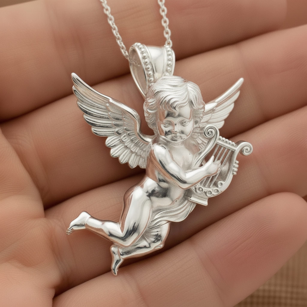Golden Cherub Harp Pendant Necklace, Guardian Angel Jewelry, 9K Gold Angel Pendant, Sterling Silver Cherub Necklace, Religious Gift