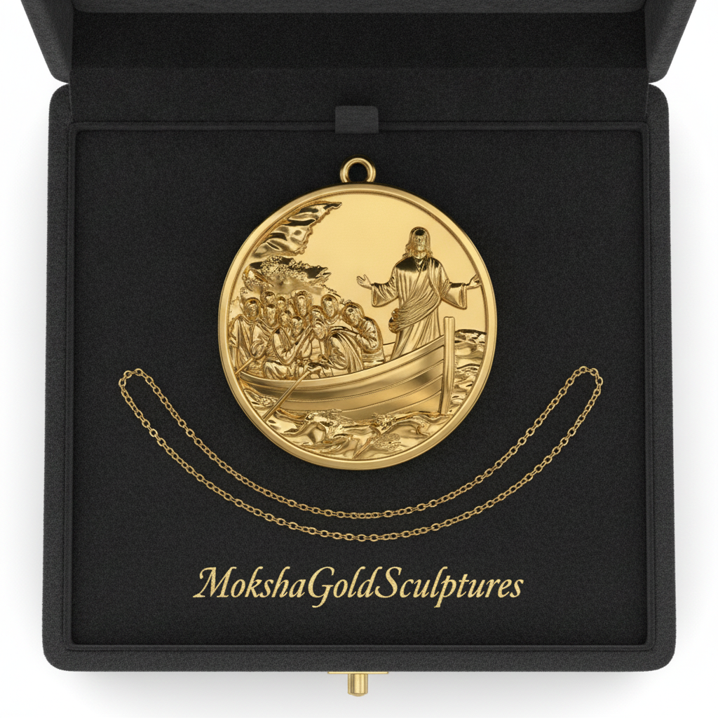 Jesus Calms the Storm Coin Pendant Necklace | 30mm Christian Medallion | 18K Gold, Sterling Silver or Yellow Brass | Religious Gift