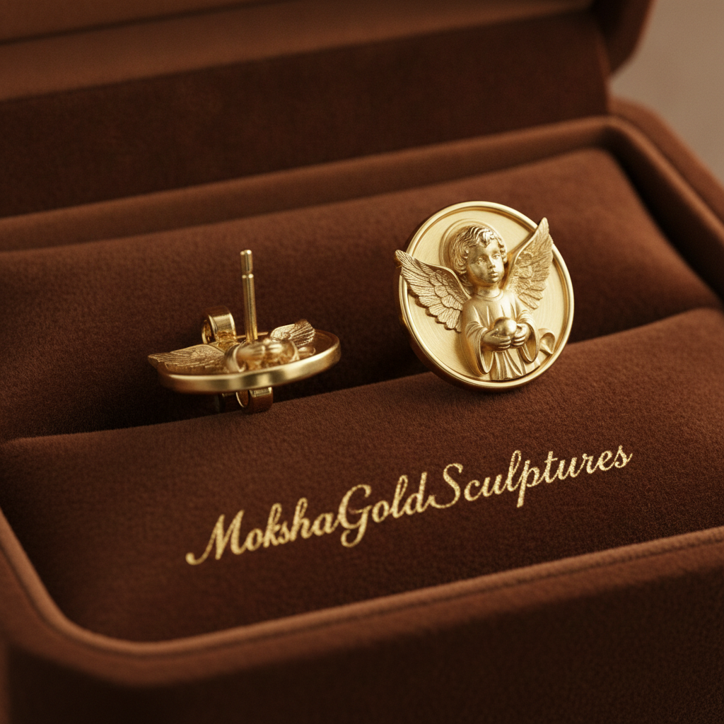 Angel Cherub Medallion Stud Earrings | 9K Gold, Sterling Silver or Brass | Celestial Angel Earrings | Religious Jewelry | Handmade Gift for Her