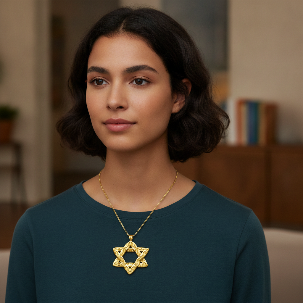 Interwoven Star of David Pendant Necklace in polished yellow brass by MokshaGoldSculptures, worn by a young woman.