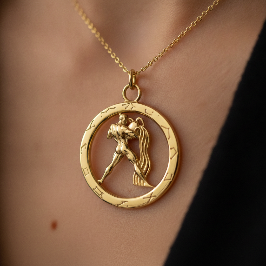 Aquarius Zodiac Pendant Necklace in 9K gold by MokshaGoldSculptures, circular water bearer charm with zodiac markings.