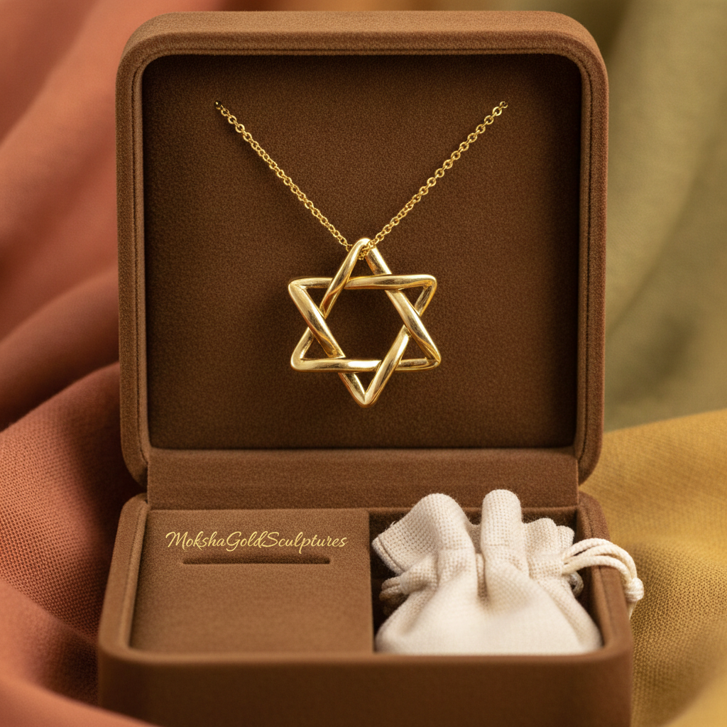 The Interlaced Star of David Pendant Necklace in 18K gold & sterling silver by MokshaGoldSculptures in gift box.