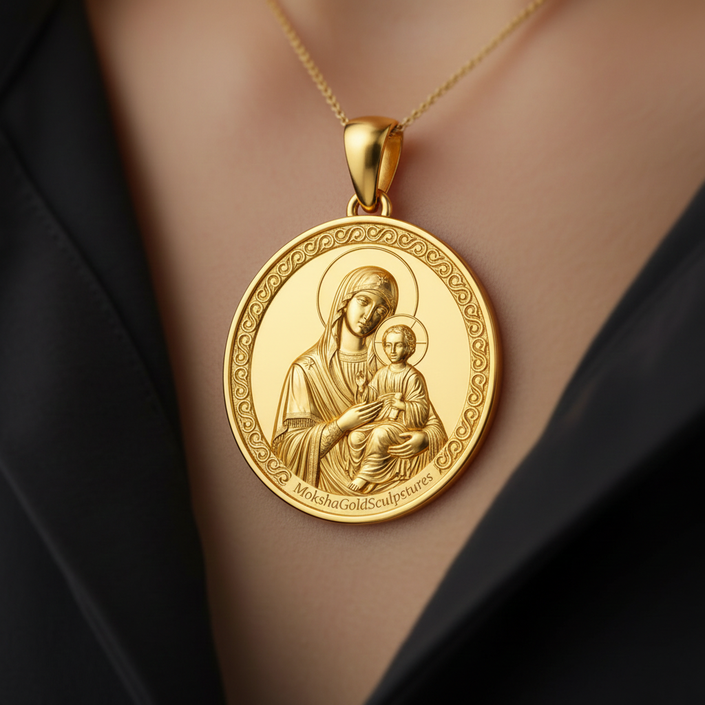Mary with Baby Jesus Pendant Necklace – Ancient Religious Scene Jewelry – Catholic Christian Devotional Gift