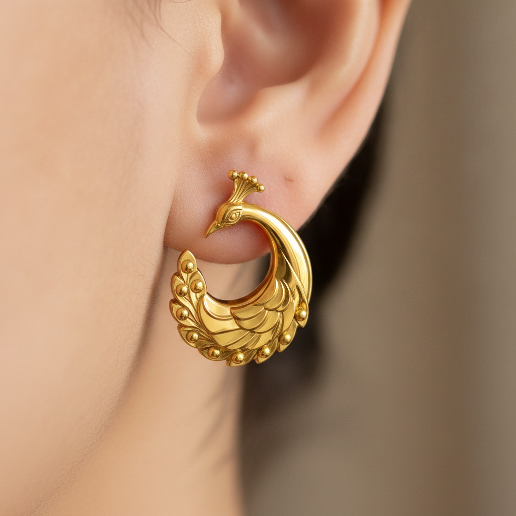 Peacock Stud Earrings – 9K Gold, Sterling Silver 925 or Polished Brass | Elegant Peacock Bird Earrings | Nature Inspired Jewellery | Handmade Gift for Her
