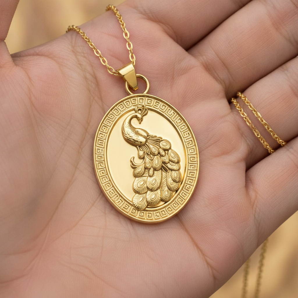 Gothic Peacock Coin Pendant Necklace | 9K Gold, Sterling Silver & Polished Yellow Brass | Art Nouveau Peacock Medallion | Nature Bird Jewelry | Gift for Her