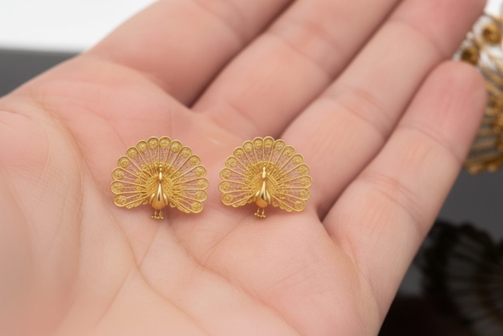 Peacock Stud Earrings in 9K gold, sterling silver, or polished brass by MokshaGoldSculptures.