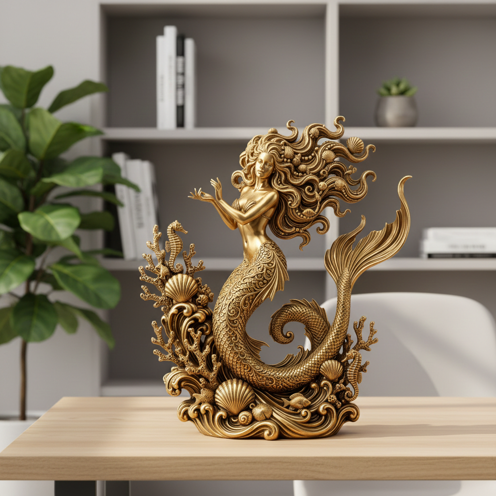 The Golden Mermaid Statue 250mm in gold finish by MokshaGoldSculptures.