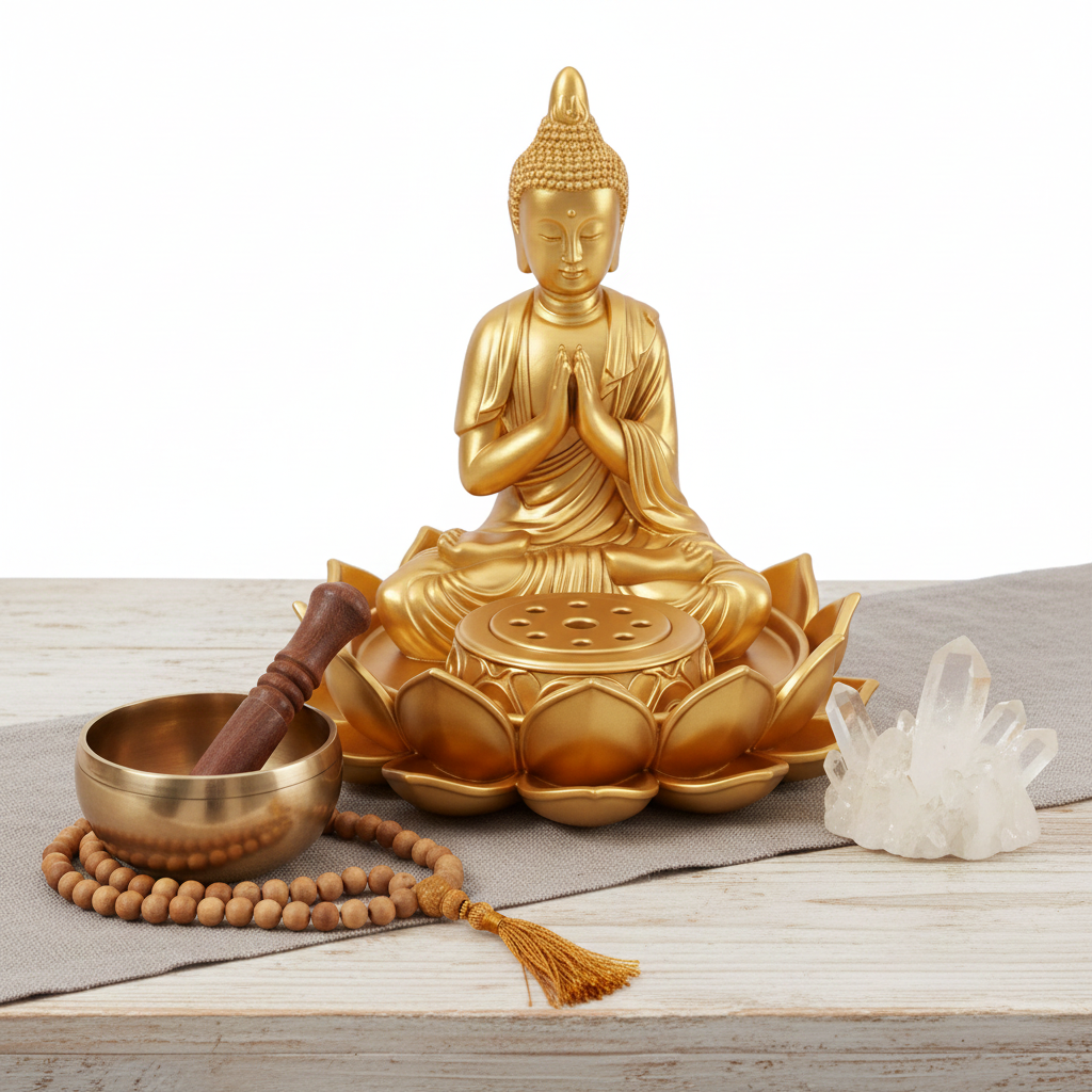 Lotus Buddha Incense Holder in gold finish by MokshaGoldSculptures, shown with a golden Buddha statue and quartz crystals.