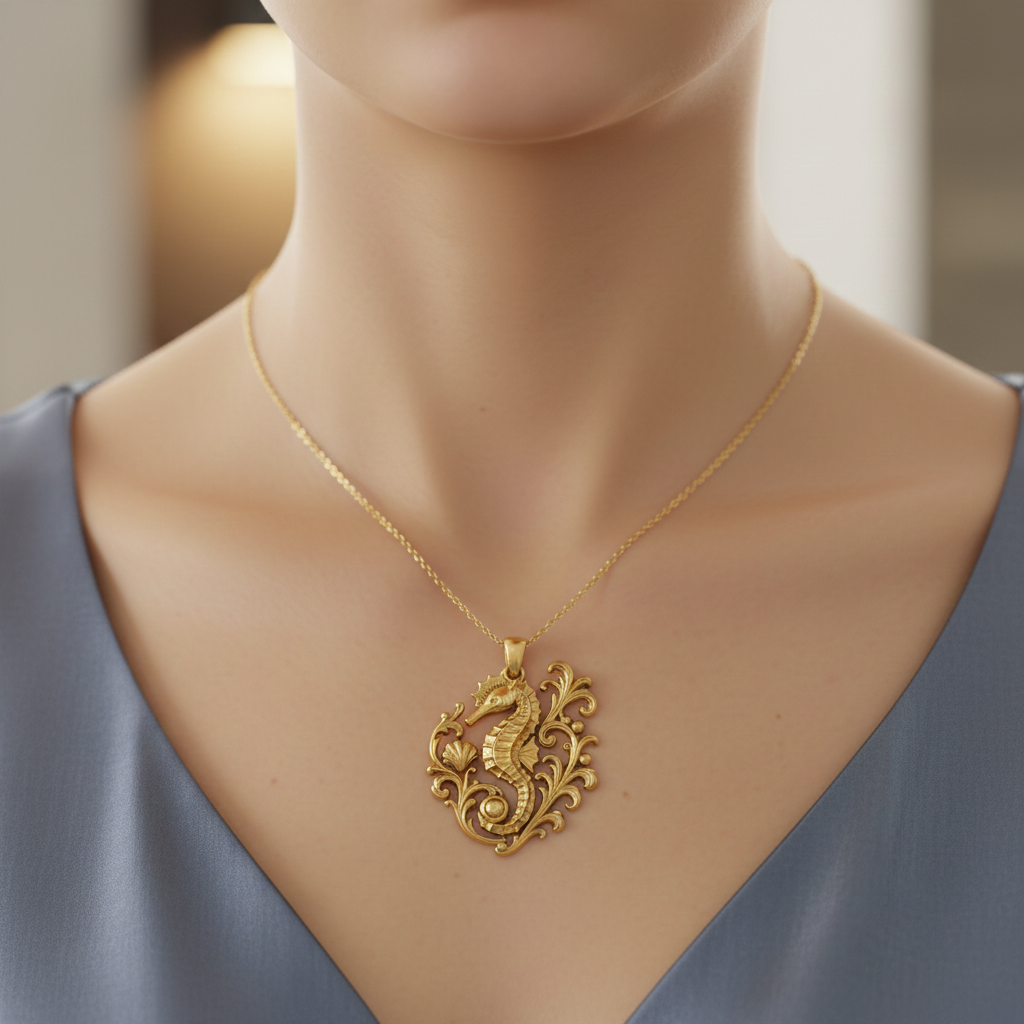 Seahorse Pendant Necklace in gold with ornate ocean scrollwork by MokshaGoldSculptures, shown on model in blue dress.