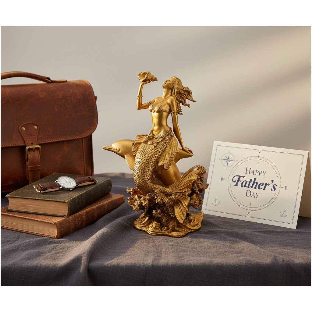 A Golden Mermaid with Dolphin and Konch Shell statue in gold finish by MokshaGoldSculptures.