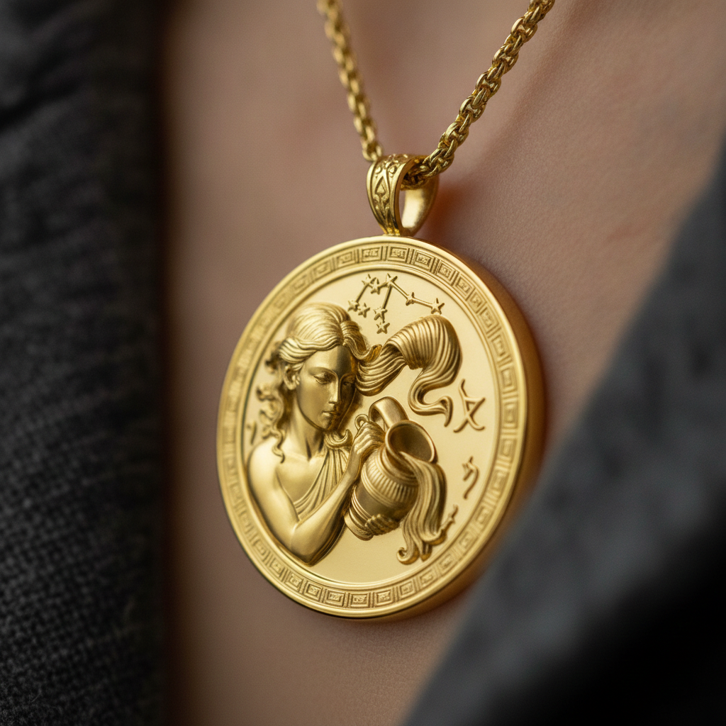 Aquarius Zodiac Pendant Necklace in 9K gold by MokshaGoldSculptures, medallion detail shown against gray fabric.