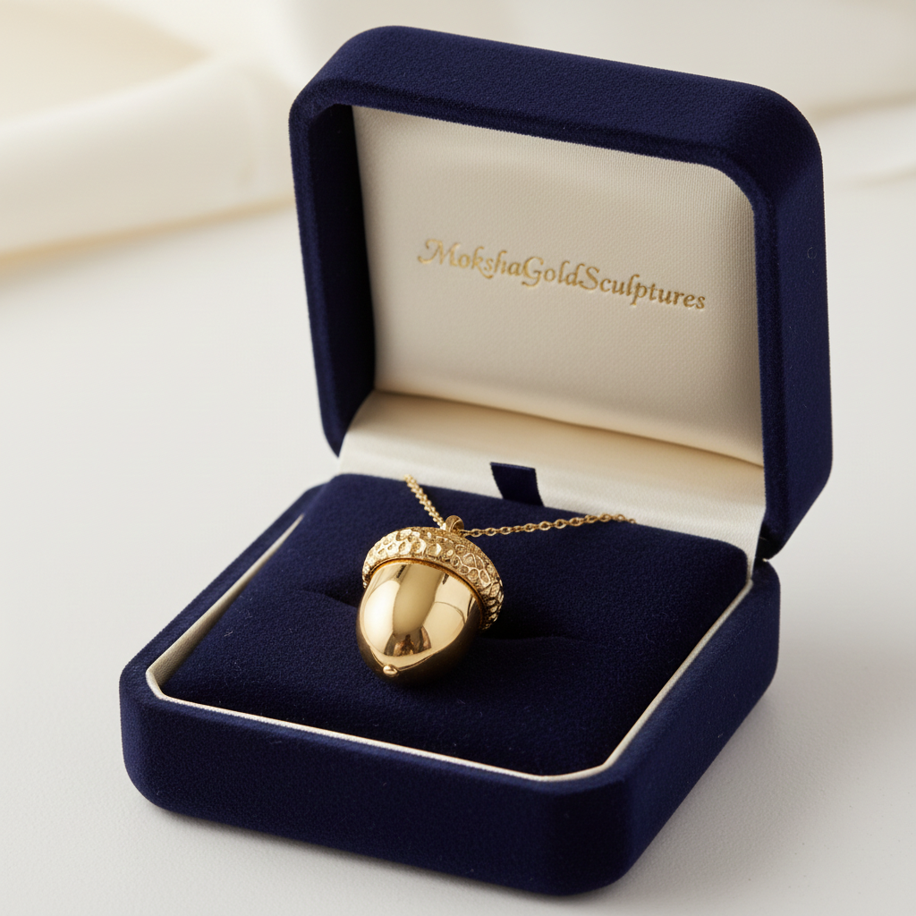 The Gold Acorn Pendant Necklace in 24K gold plating by MokshaGoldSculptures in navy velvet jewelry box.
