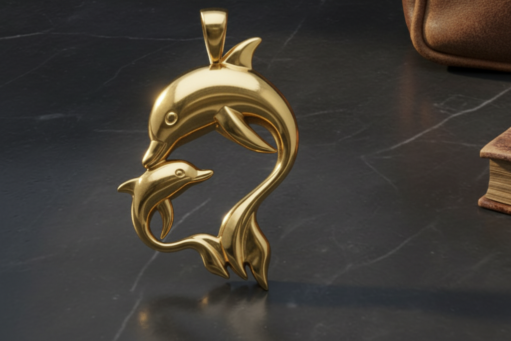 The Dolphin Mother & Baby Pendant Necklace in high-polished 18K white gold by MokshaGoldSculptures.