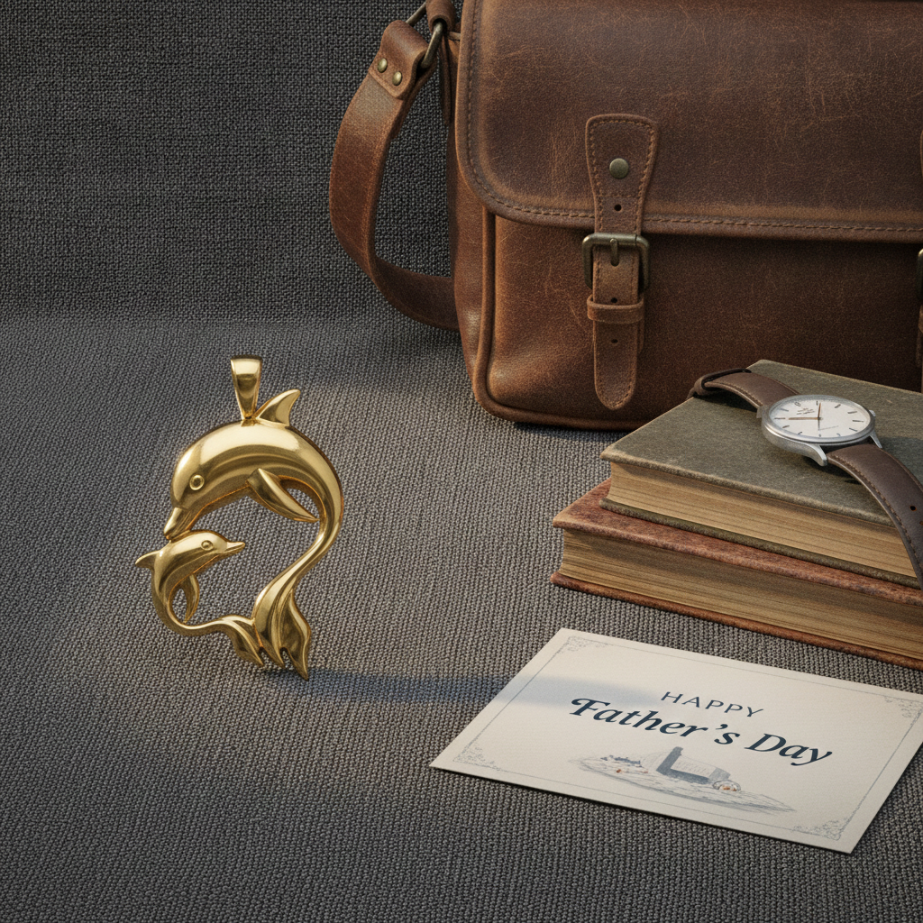 A Dolphin Mother & Baby Pendant Necklace in polished yellow brass by MokshaGoldSculptures.