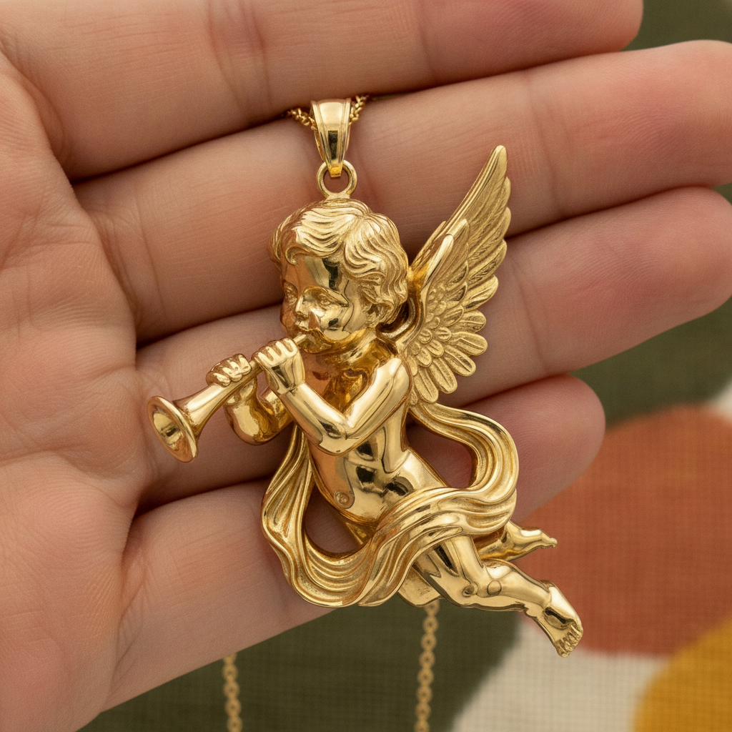 Golden Cherub Flute Pendant Necklace | Guardian Angel Jewelry | 9K Gold, Sterling Silver & Yellow Brass