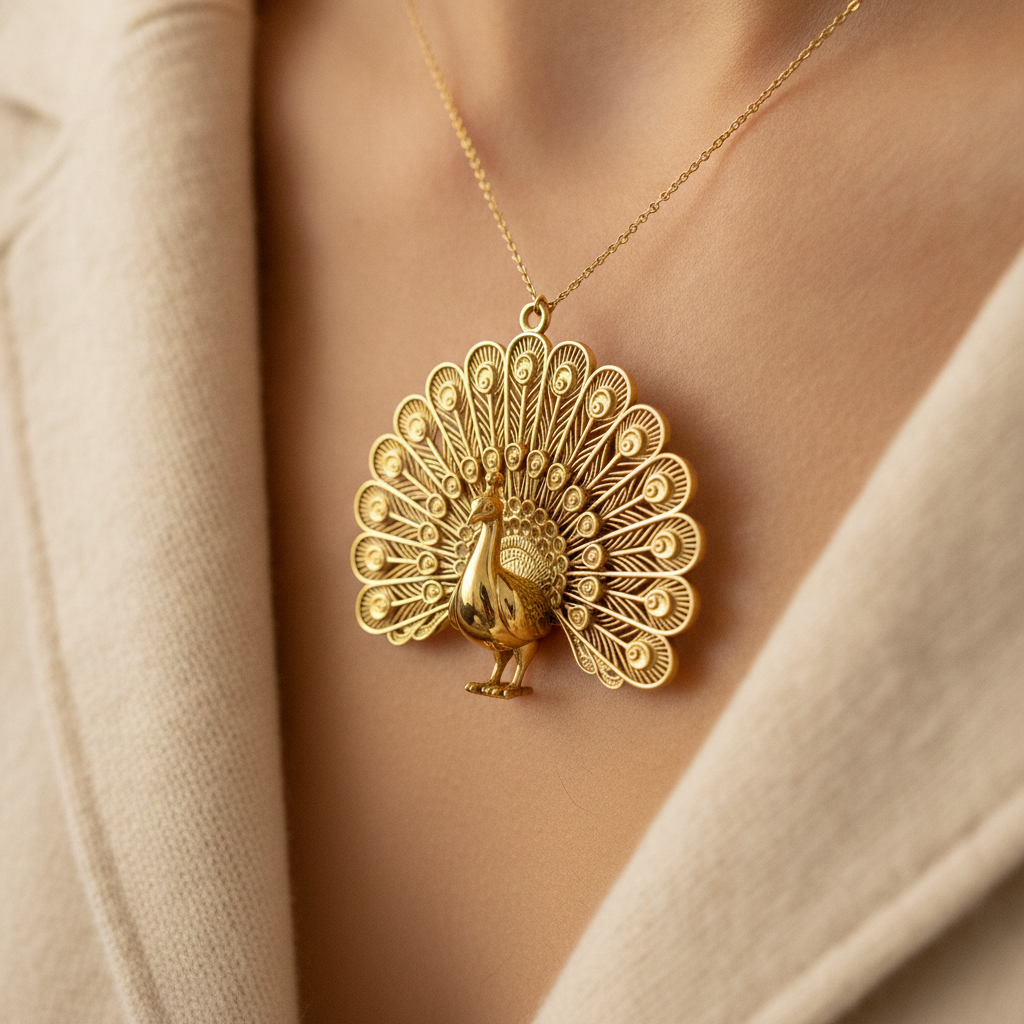 Peacock Pendant Necklace in 9K Gold, Sterling Silver, or Polished Brass by MokshaGoldSculptures, intricate feather detail.