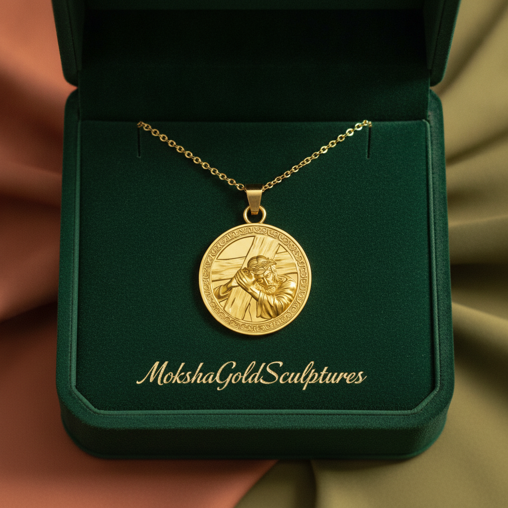 The Jesus Carrying the Cross Medallion Pendant in 9K gold, silver & brass by MokshaGoldSculptures in green box display.
