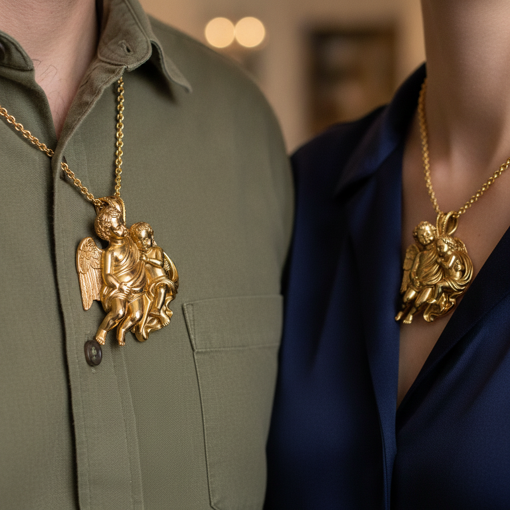Golden Cherub Duo Pendant Necklace | Guardian Angel Jewelry | 9K Gold, Sterling Silver & Yellow Brass | Handmade Religious Gift
