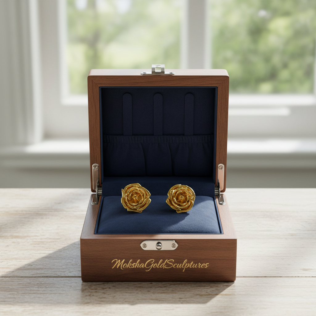 Polished Brass Rose Stud Earrings by MokshaGoldSculptures in a wooden box with navy lining on a light wood surface.