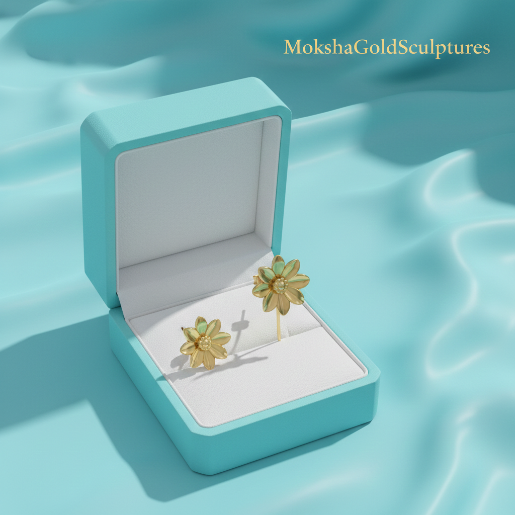 Polished Brass Flower Stud Earrings by MokshaGoldSculptures in a light blue jewelry box on soft blue background.
