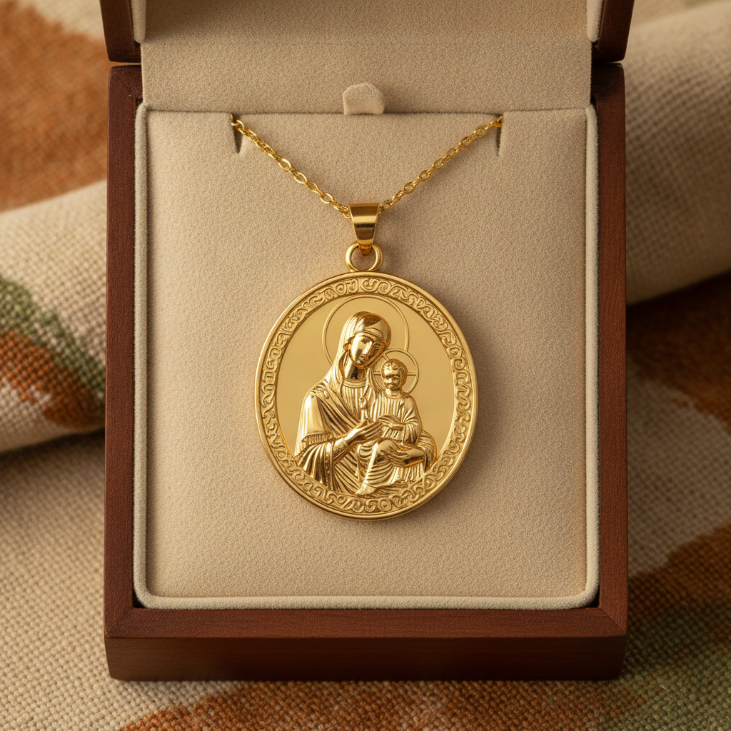 Virgin Mary & Child Coin Pendant Necklace | Blessed Mother Medallion | Christian Jewelry in 18K Gold, Sterling Silver or Yellow Brass