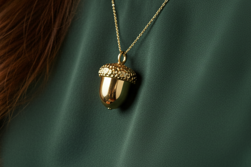 The Gold Acorn Pendant Necklace in 24K gold plating by MokshaGoldSculptures, shown over green fabric.