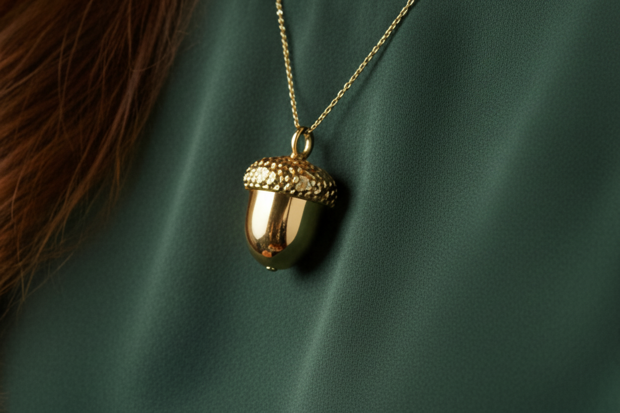 The Gold Acorn Pendant Necklace in 24K gold plating by MokshaGoldSculptures, shown over green fabric.