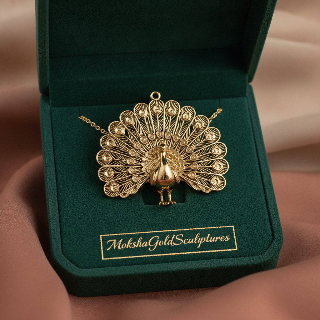 The Peacock Pendant Necklace in 9K gold, silver, or brass by MokshaGoldSculptures with detailed feathers in brand box.