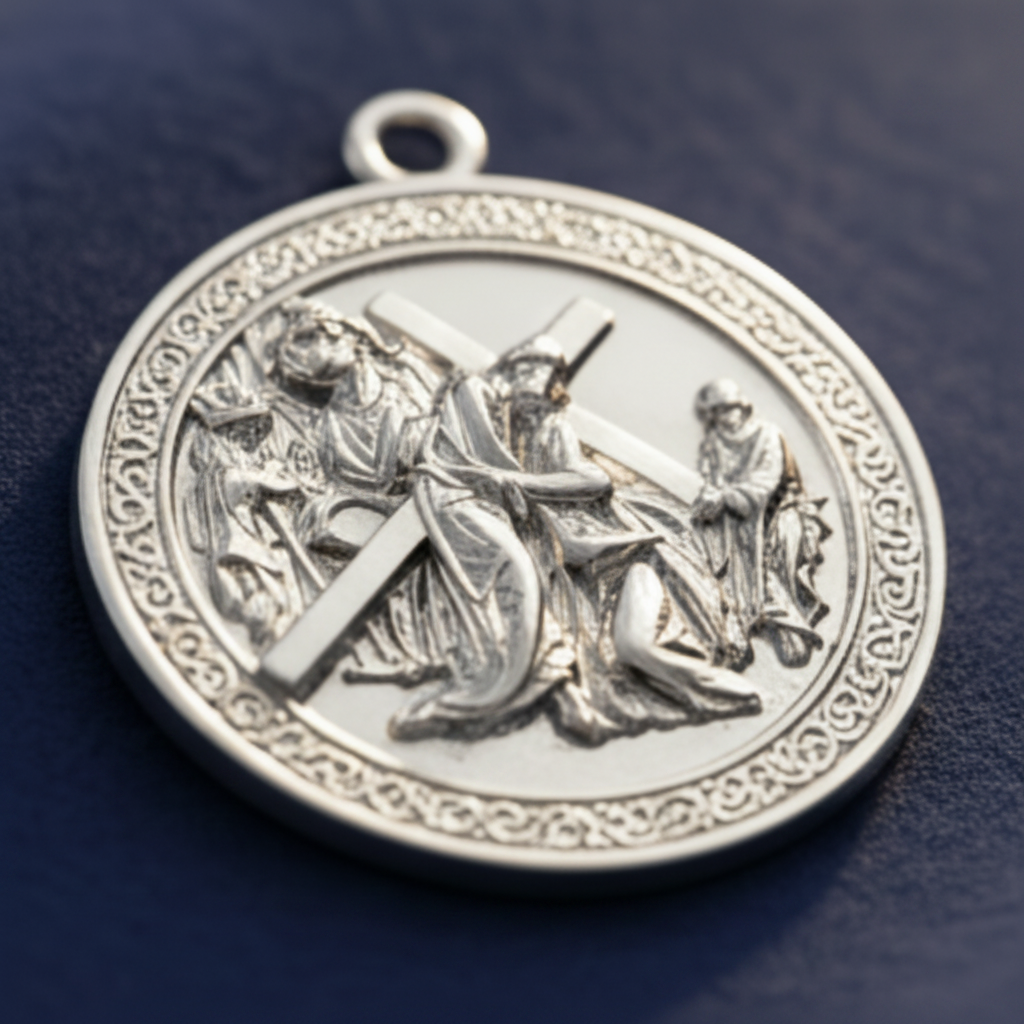The Jesus Carrying the Cross 925 sterling silver pendant by MokshaGoldSculptures with engraved figures, on a dark blue background.