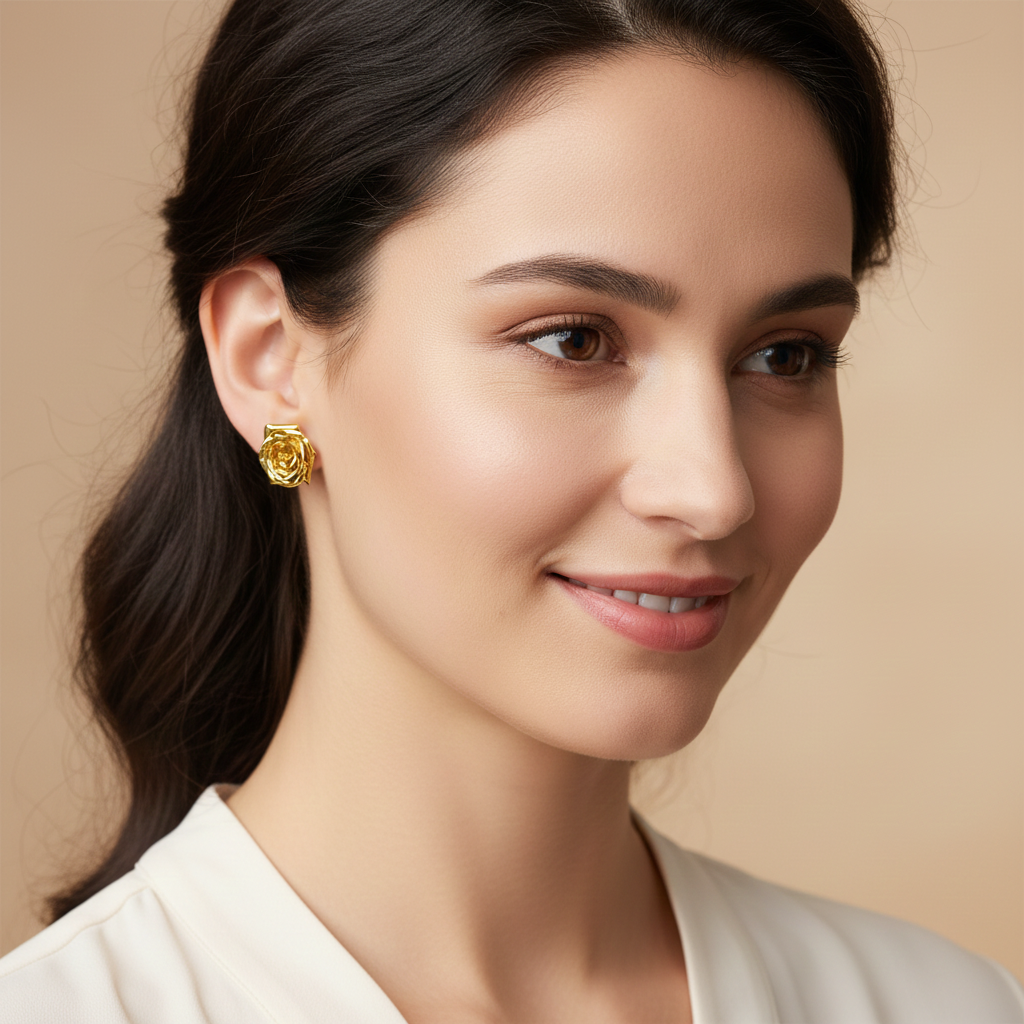 Polished Brass Rose Stud Earrings by MokshaGoldSculptures, worn by a woman with long dark hair against a beige background.
