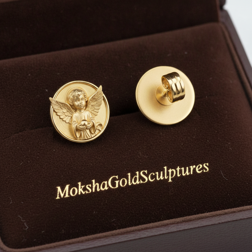 Angel Cherub Medallion Stud Earrings | 9K Gold, Sterling Silver or Brass | Celestial Angel Earrings | Religious Jewelry | Handmade Gift for Her