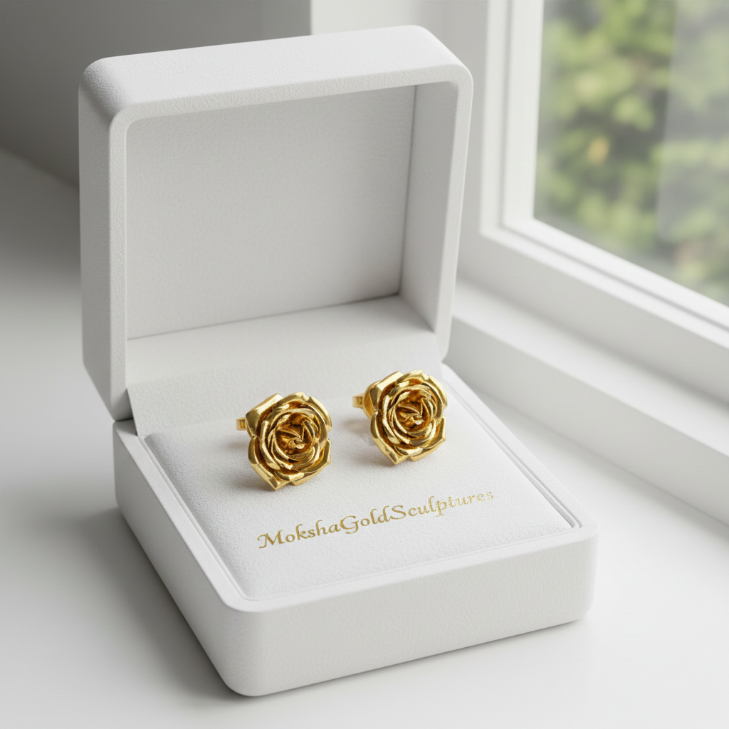 Rose stud earrings in polished brass by MokshaGoldSculptures, shown in a white box near greenery with matching rose cufflinks.