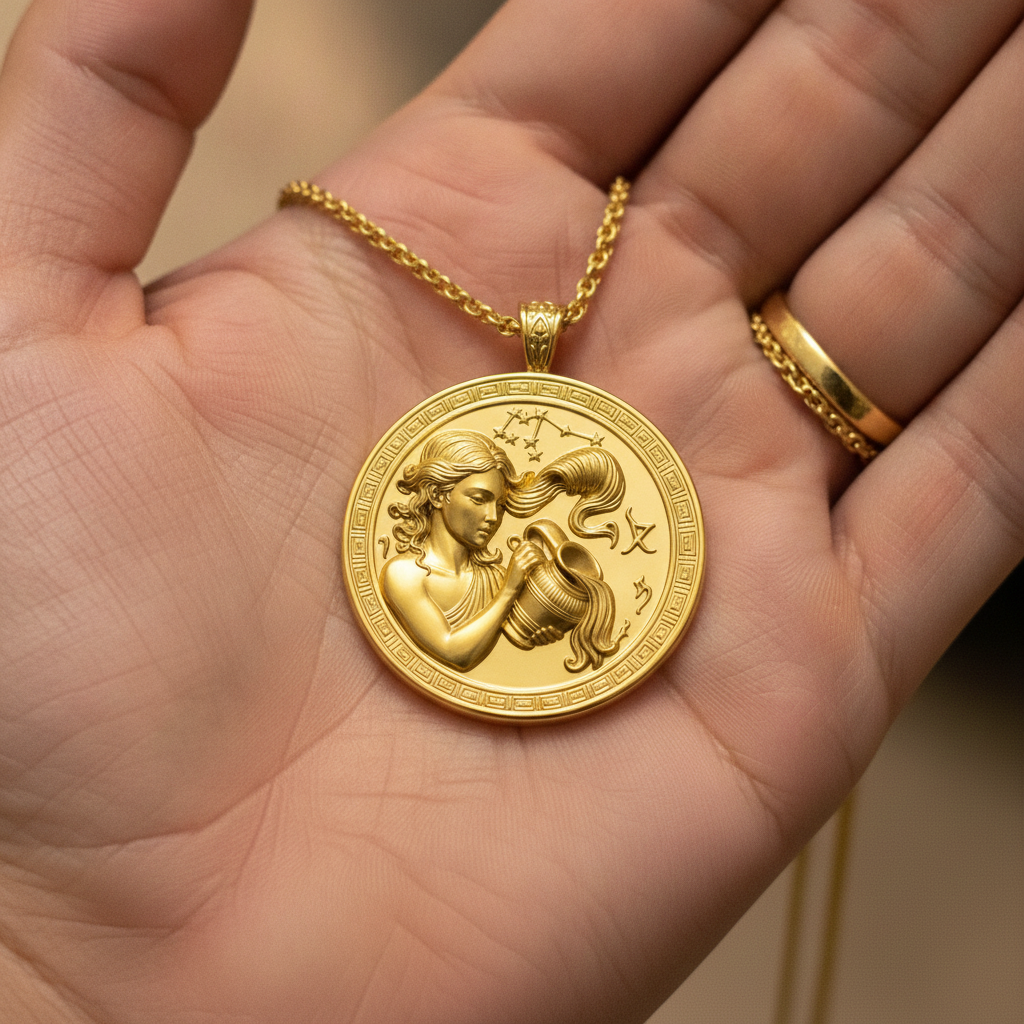 Aquarius Zodiac Pendant Necklace in 9K gold by MokshaGoldSculptures, held in hand, woman pouring water motif.