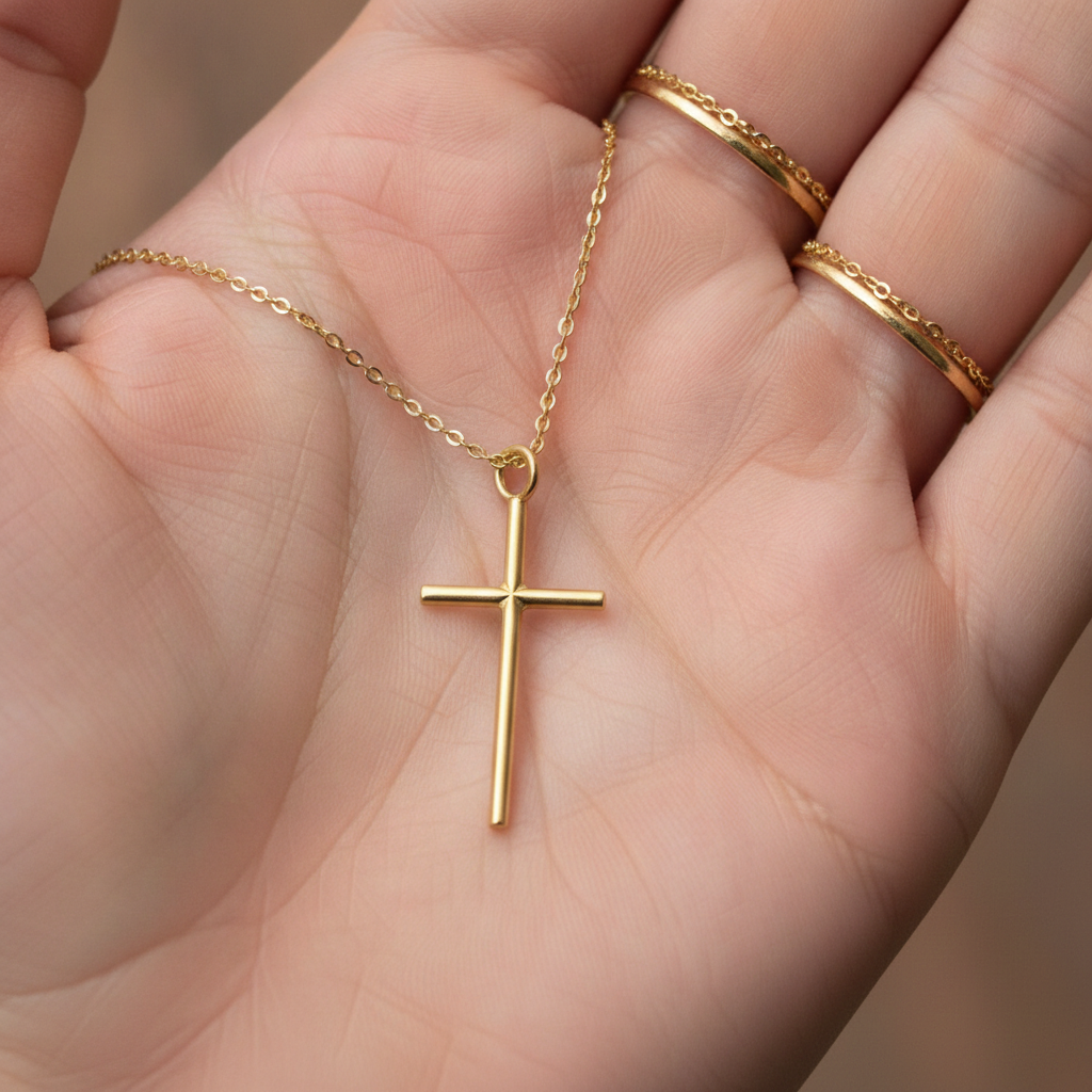 Minimalist Cross Pendant Necklace in 9K gold by MokshaGoldSculptures, shown on hand with three thin gold rings.
