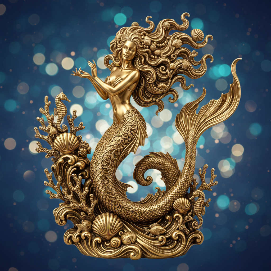 The Golden Mermaid Statue 250mm in gold finish by MokshaGoldSculptures, flowing hair, seashells, and coral details.