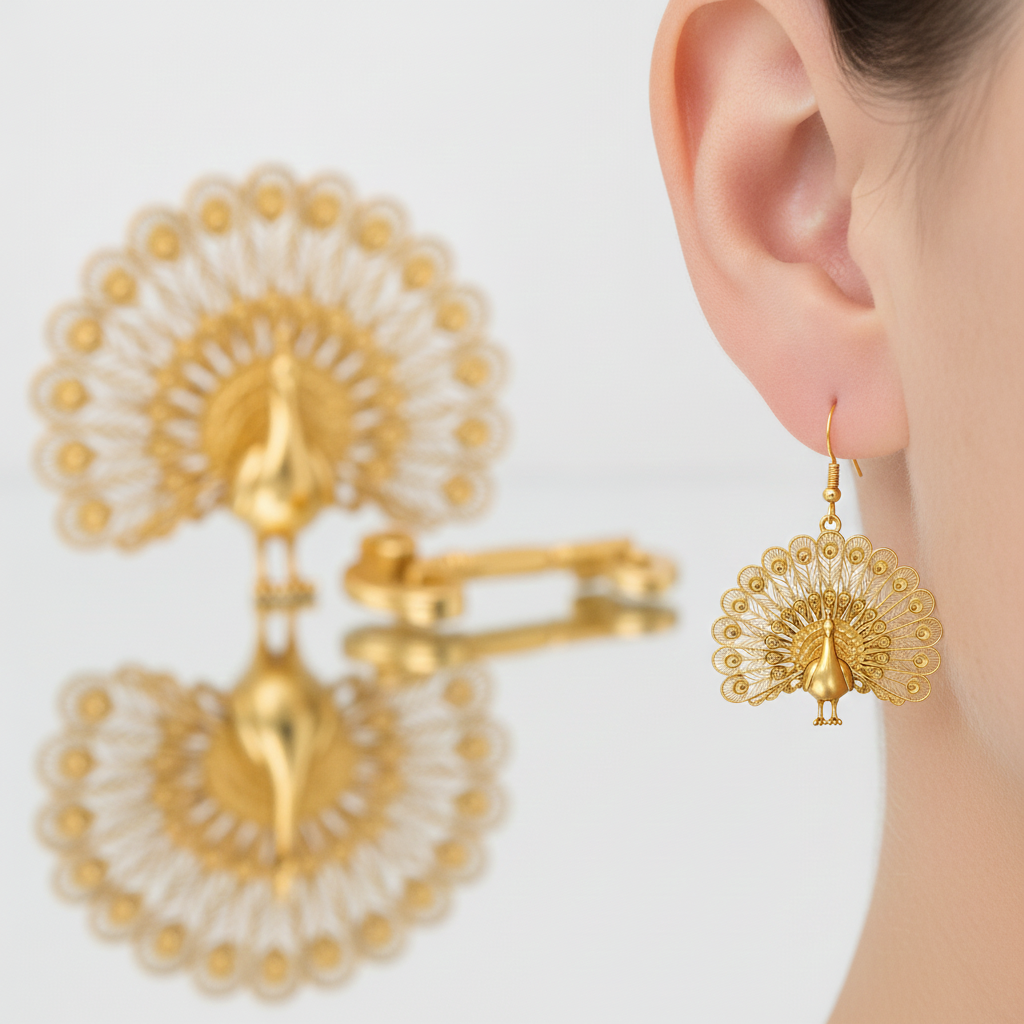 Peacock Stud Earrings in 9K gold, sterling silver, or polished brass by MokshaGoldSculptures on ear; nature-inspired design.