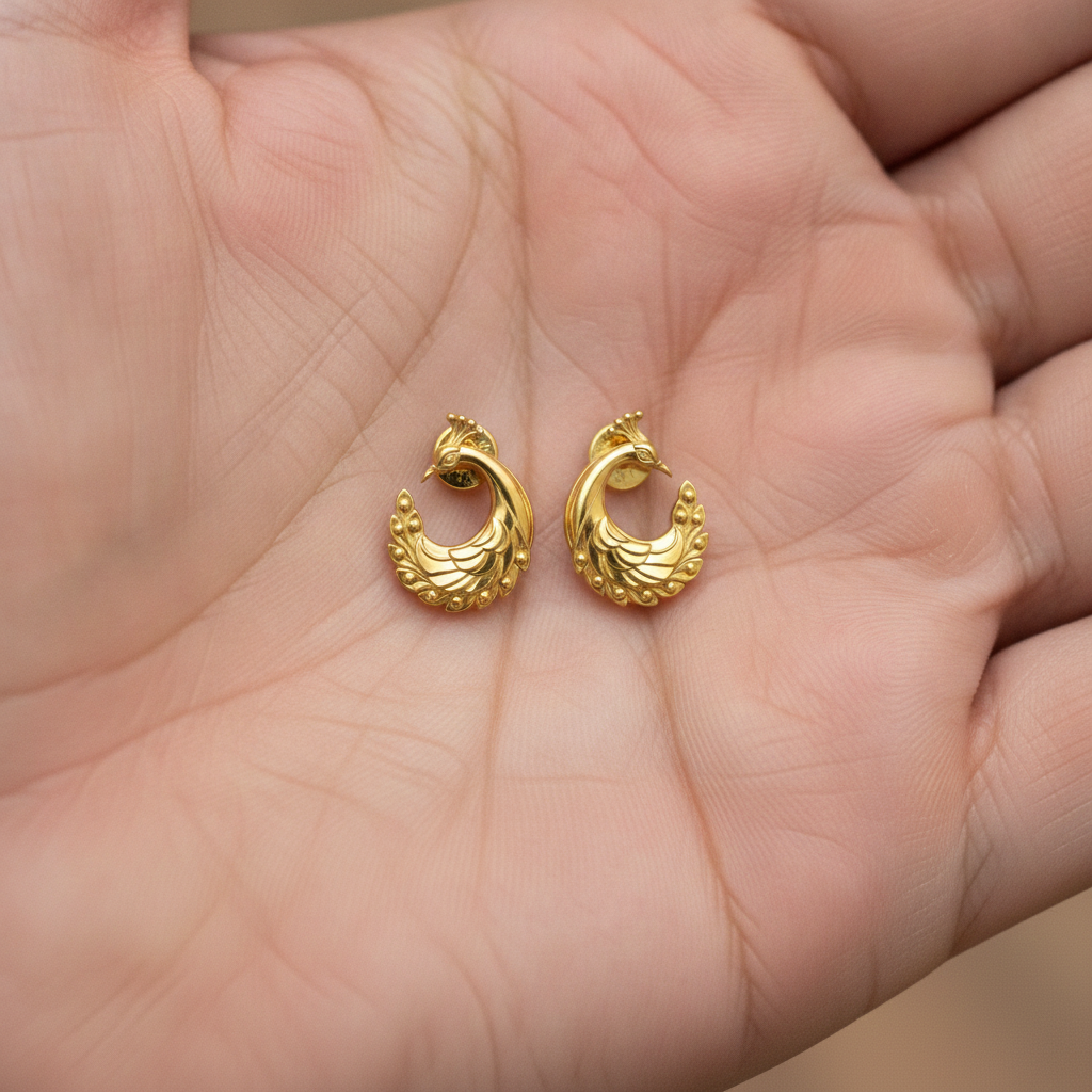 Peacock Stud Earrings – 9K Gold, Sterling Silver 925 or Polished Brass | Elegant Peacock Bird Earrings | Nature Inspired Jewellery | Handmade Gift for Her